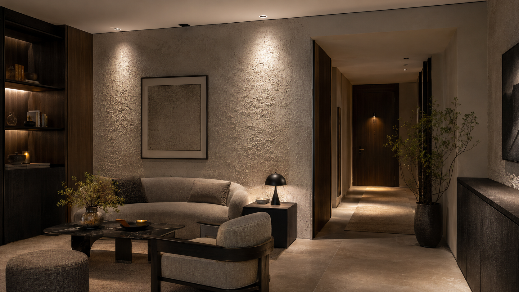 Boutique hospitality lounge with warm vertical illumination and low-glare accent lighting
