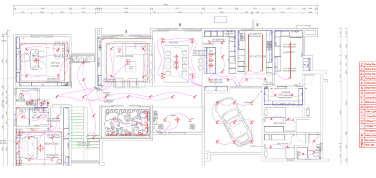 Lighting layout with furniture plan, fixture positions, circuits and reference codes