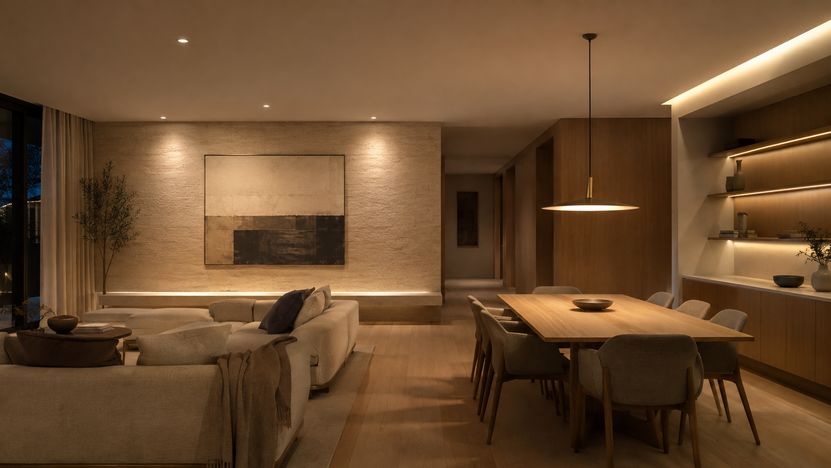 Layered living and dining interior showing ambient, task, accent and concealed lighting
