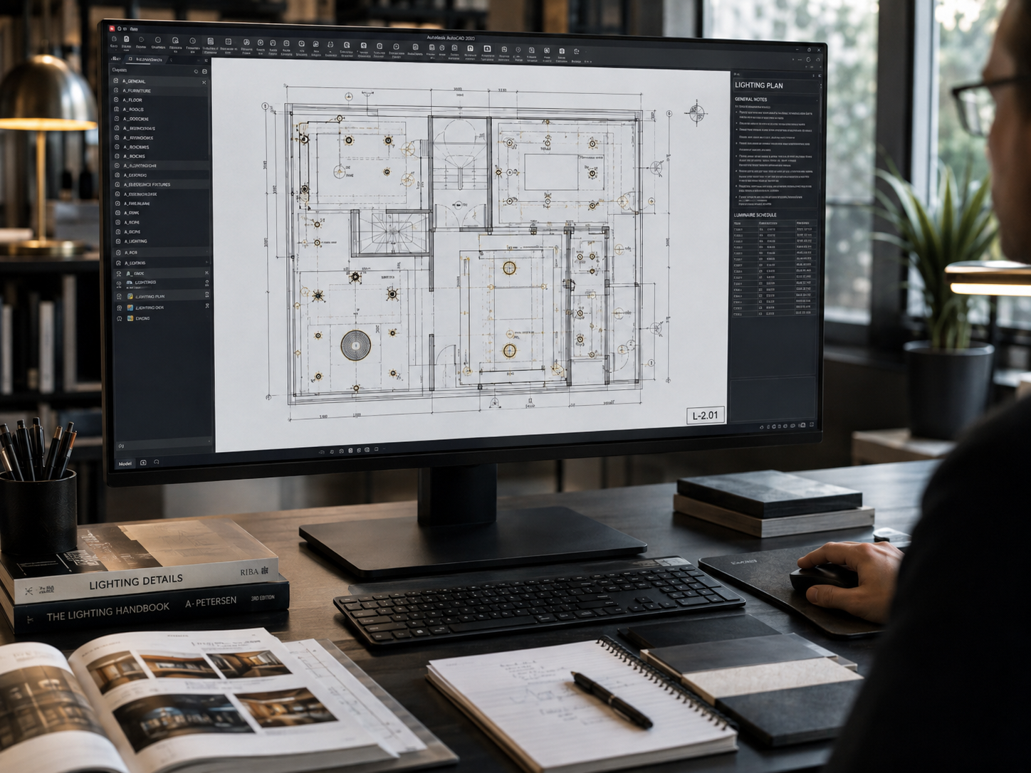 Lighting designer reviewing an AutoCAD lighting plan with architectural drawings, books and material samples on the workstation
