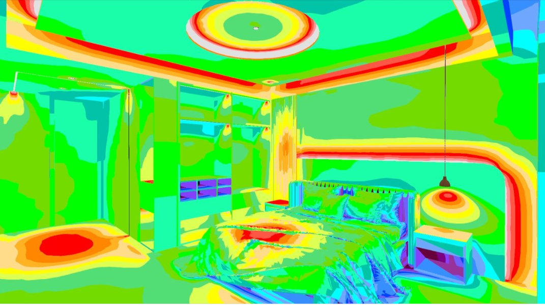 False-colour lighting simulation showing calculated lux-level distribution in a bedroom
